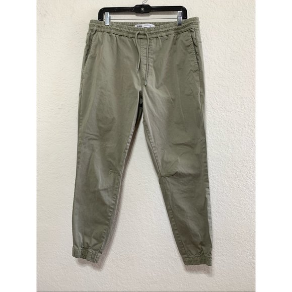 ZARA Jogger Khaki Green Mens Large Elastic Waist Drawstring Cotton Blend - Picture 3 of 16